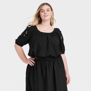 Openwork Puff Elbow Sleeve Blouse - Black XXL